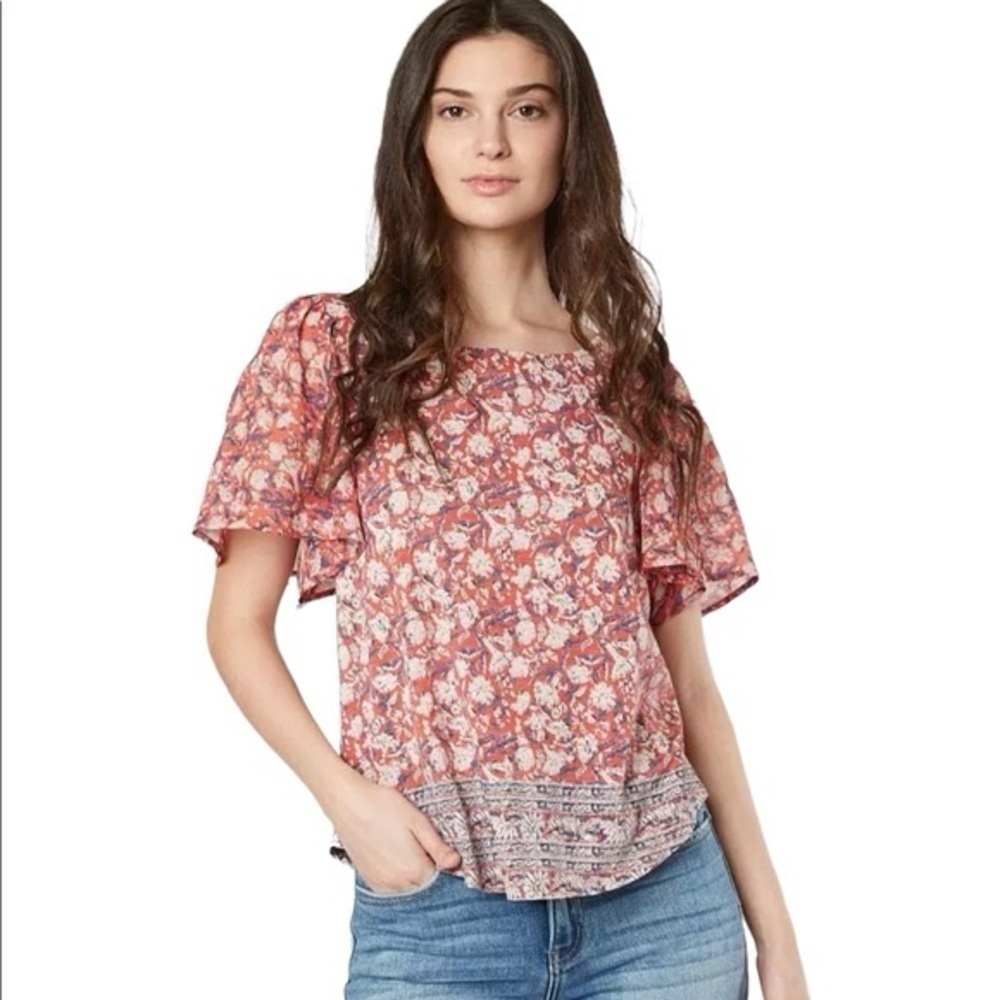 Lucky Brand boho floral flutter sleeve top with cut out back Small